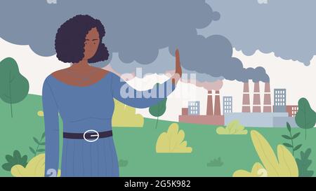 Stop air pollution from urban industrial smog, environment protection, save ecology vector illustration. Cartoon young woman volunteer character showing stop gesture to polluting factory chimneys Stock Vector