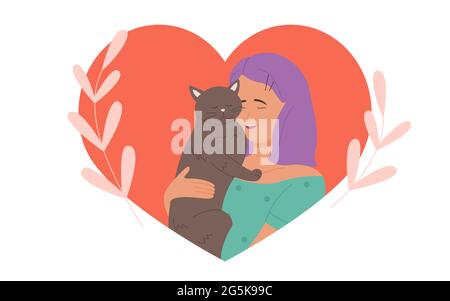 Girl hugs cuddles cute cat with love vector illustration. Cartoon young pretty woman character hugging funny kitten, pet owner and sweet animal inside red heart, scrapbook element isolated on white Stock Vector