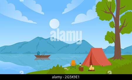 Mountain valley, lake nature landscape with travel camp, summer vacation tourism adventure vector illustration. Cartoon tent and campfire on bank of river or lake, tourist people in boat background Stock Vector