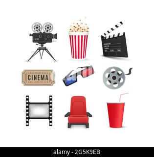 Cinema icons set isolated on white background. Film industry objects. Tickets, popcorn, film strip, 3d glasses, movie camera and seats. Stock Vector