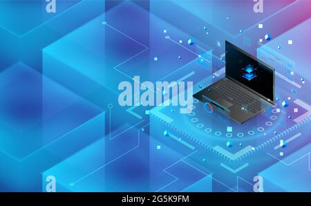 Futuristic laptop on reactor for power connection. Complementary theme concept background.vector and illustration Stock Vector