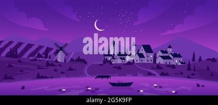 Night town or village by lake landscape vector illustration. Cartoon mountain scenery with moon in purple starry sky, boat on calm lake waters, mill on summer fields and farm houses background Stock Vector
