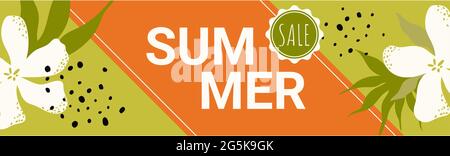 Summer discount sale, offer banner template with flowers, green leaves, geometric lines and shapes vector illustration. Cartoon fresh white blossoms, leaf and dots decoration in shop promotion Stock Vector
