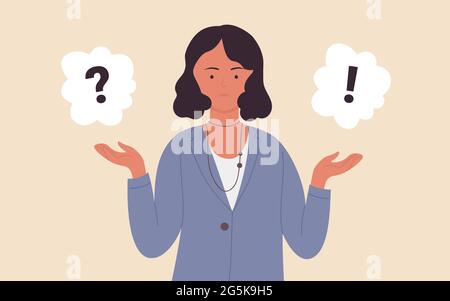 Question mark with young thinking business woman vector illustration. Cartoon confused female office worker character standing with dilemma near question and exclamation mark in clouds background Stock Vector