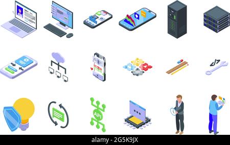 API icons set isometric vector. Computer develop code. Software program Stock Vector