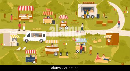 Street food kiosk stalls in market, festival event in city park vector illustration. Cartoon summer map, local farmers selling fruits, people have fun, buying pizza ice cream popcorn fast food Stock Vector