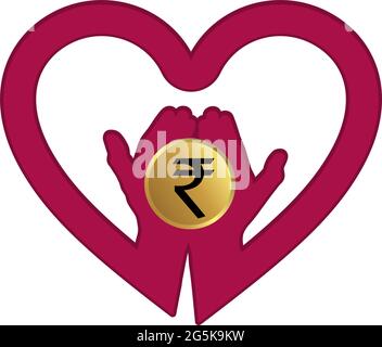 Hand with Rupee in heart icon logo. Concept of love rupee Stock Vector