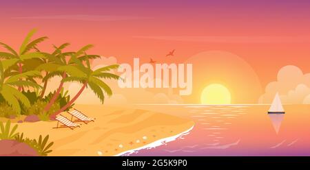 Beach sunset, tropical travel vacation in summer tropical island landscape vector illustration. Cartoon seaside palm trees, relax resort lounges near sea waves, calm coast seascape scene background Stock Vector