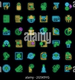 Credit union icons set. Outline set of credit union vector icons neon color on black Stock Vector