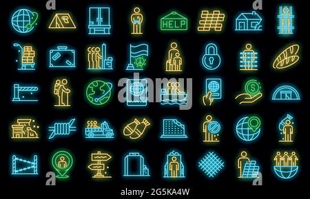 Illegal immigrants icons set. Outline set of illegal immigrants vector icons neon color on black Stock Vector