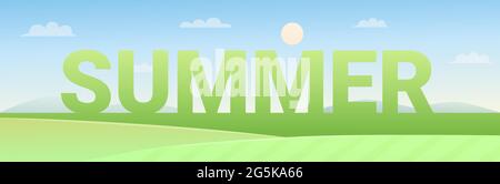 Nature field landscape illustration. Cartoon flat panoramic wide natural scenery with green grass farm field, farmland countryside nature in summertime with big SUMMER letters background Stock Vector