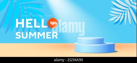 Hello summer sale horizontal banner in trendy bright color with podium or platform, geometric bubble shapes. Vector illustration Stock Vector
