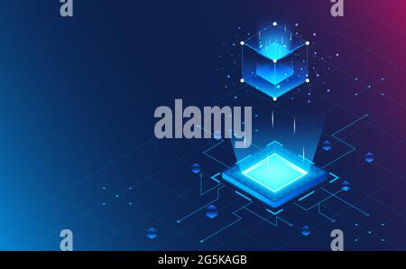 Isometric processor block chain on grid background.Futuristic concept.vector and illustration Stock Vector
