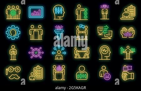 Personal traits icons set. Outline set of personal traits vector icons neon color on black Stock Vector