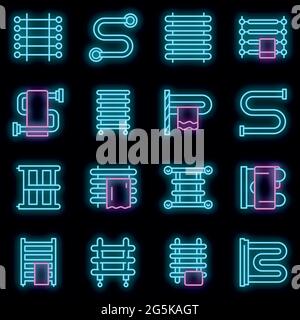 Heated towel rail icons set. Outline set of heated towel rail vector icons neon color on black Stock Vector