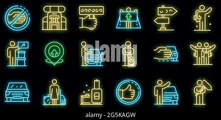 Hitchhiking icons set. Outline set of hitchhiking vector icons neon color on black Stock Vector