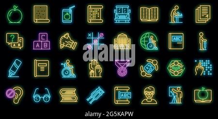 Inclusive education icons set. Outline set of inclusive education vector icons neon color on black Stock Vector