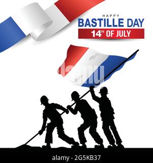 Happy bastille day Vector Template Design Illustration. silhouette soldiers raising with flag Stock Vector