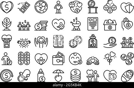 Child support icons set outline vector. Family childcare. Adoption child protect Stock Vector