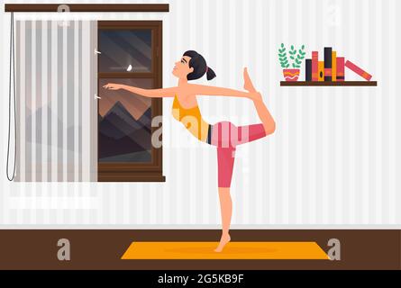 Home yoga pilates, girl exercising on yoga mat vector illustration. Cartoon young sporty woman character stretching body, doing sports exercises in room interior, wellness healthy lifestyle background Stock Vector