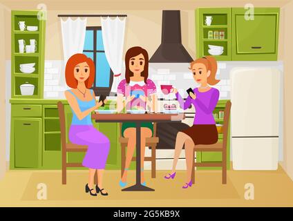 People friends eat food in cute kitchen together vector illustration. Cartoon friendly meeting of hungry girl characters sitting at kitchen table and talking, eating meal, female friendship background Stock Vector