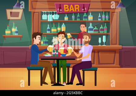 People friends drink beer in bar or pub vector illustration. Cartoon happy young man characters holding beer glasses, guys drinking, having fun, barman behind counter in restaurant interior background Stock Vector