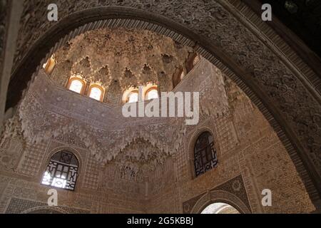 Alhambra Granada Spain.The Hall of the Ajimeces, (Sala de los Ajimeces) Two twin balconies on its north wall overlook the garden.The Nazaries Palace / the Palacios Nazaries.Alhambra in Granada Andalucia Spain Arabesque Moorish architecture Stock Photo