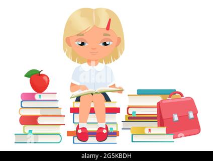 Happy girl student reading open book in library, education and learning vector illustration. Cartoon schoolgirl character sitting on stack of textbooks and studying, cute kid reader isolated on white Stock Vector