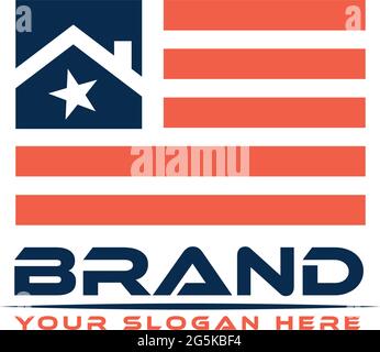 Line House logo vector on American flag. Flat logo design. Abstract House. Stock Vector