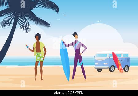 Surfer people surf on tropical summer beach landscape vector illustration. Cartoon male characters in wetsuit or beach shorts standing with surfboard and camper van, holding cocktail background Stock Vector
