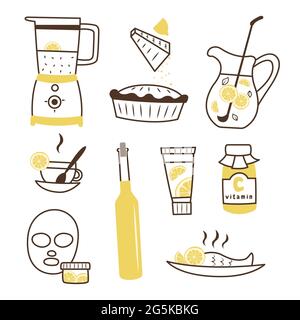 Minimal style set with ways to use lemons. Collection of cool linear icons. Kitchen appliances, dishes, drinks, cosmetics, medicines. Cliparts Stock Vector
