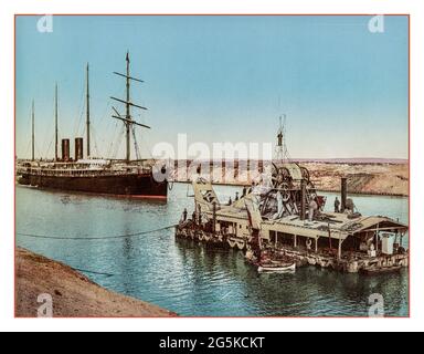 Vintage 1900's Suez Canal Dredging Machine Egypt. Suez Canal construction maintenance Vessel and dredging machine.Photoglob Co., publisher Zürich Photoglob Company [ca. 1890-1910] Archive Stock Photo