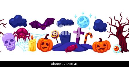 Happy Halloween seamless pattern with celebration items. Background for party. Stock Vector