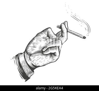 Smoke break. Cigarette in hand in vintage engraving style Stock Vector