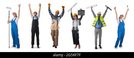Set of full length portraits of industrial construction workers with raised arms isolated on white background Stock Photo