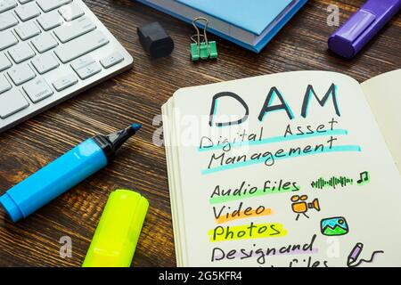 Marks about DAM digital asset management in the note. Stock Photo