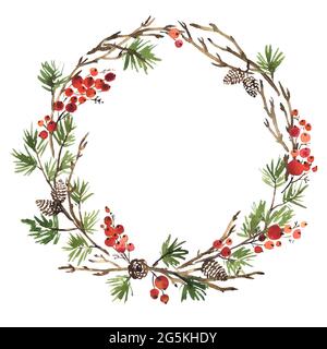 Watercolor Christmas wreath of spruce, pine cones and holly berries Stock Photo