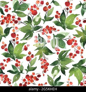 Christmas Watercolor seamless pattern with holly and red berries Stock Photo