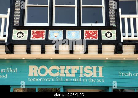 The ornate exterior of Rockfish, an up-market seafood restaurant in the Devon town of Dartmouth. Stock Photo