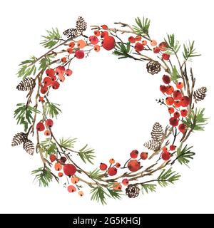 Watercolor Christmas wreath of fir tree branches, pine cones and holly berries Stock Photo