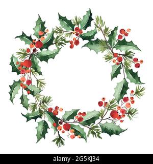 Watercolor wreath arranging of holly leaves, red berries and spruce for Christmas decoration Stock Photo