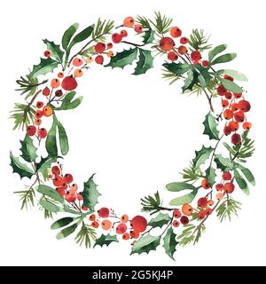 Watercolor wreath of spruce with holly berries and mistletoe for Christmas decoration Stock Photo