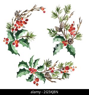 Christmas watercolor set of bouquet arrangings. Holly berries, spruce and pine cones Stock Photo