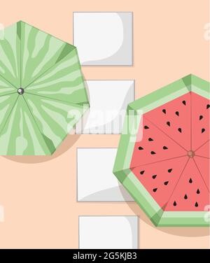 Watermelon Day. Slices of watermelon. Chaise lounges in the shape of a watermelon. Summer holiday. Flat vector illustration. Summer vacation poster or Stock Vector