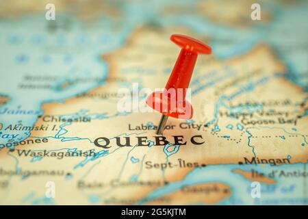 Location Quebec province in Canada, map with red push pin pointing closeup, North America Stock Photo