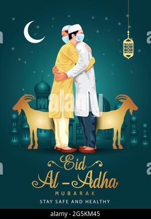 eid al adha mubarak. covid 19 corona virus concept. vector illustration design. Stock Vector