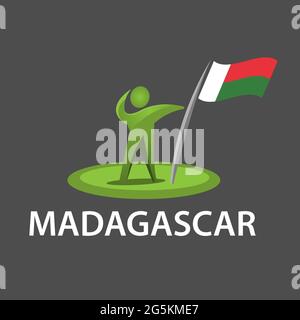 Man holding a flag of Madagascar, Vector illustration on gray background. Stock Vector