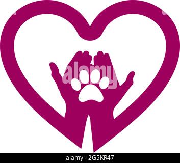 Hand with dog paw in heart icon. Concept of love your dog. Stock Vector