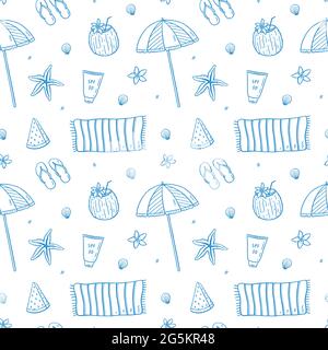 Seamless pattern with summer holiday elements - beach umbrella and towel, flip flops, sunscreen, coconut cocktail, seashells and starfish. Vector hand-drawn background in doodle style in blue colors. Stock Vector