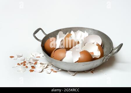 Broken eggshells in shells Stock Photo